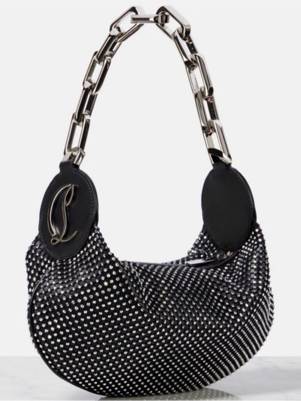 Christian Louboutin Black Crystal-Embellished Shoulder Bag with Silver Chain